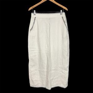 Rachel Zoe 100% European Flax Linen Pencil Midi Skirt Embroidered Trim Size 8